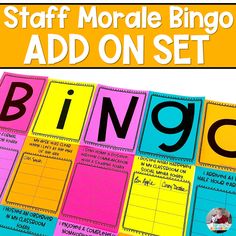 a set of colorful binders with the words,'staff morse bingo add on set '