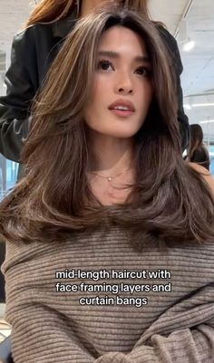 Medium Brown Wavy Hair Layers, Face Framing Layer Haircuts, Mid Length Haircut Girl Layers, Mid Hair Balayage, Hair Inspo Mid Length Curtain Bangs, Mid Length Hair With Light Layers, Brown Girl Haircut, Mid Hair Haircut, Mid Length Hair With Layers Oval Face