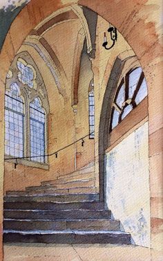 an artistic painting of stairs and windows in a building