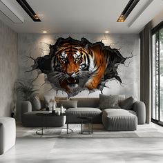 a living room filled with furniture and a large tiger mural on the wall above it