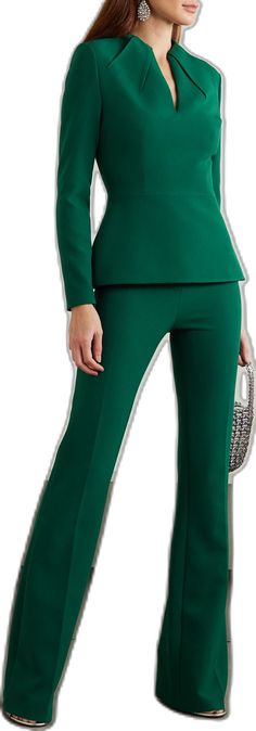 Elegant Green Pants For Evening, Elegant Green Evening Pants, Green Straight Pants For Evening, Elegant Full-length Green Pants, Elegant Full Length Green Pants, Green Fitted Pantsuit With Straight Pants, Elegant Tailored Green Wide Leg Pants, Fitted Green Pantsuit With Straight Pants, Elegant Stretch Green Wide Leg Pants