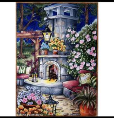 a painting of a fireplace surrounded by flowers