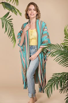 Margarita Ikat Striped Jacket Turquoise Blue Outerwear For Spring Loungewear, Green Bohemian Summer Outerwear, Casual Open Front Beach Cover-up Outerwear, Casual Spring Kimono With Pockets, Multicolor Outerwear For Spring Loungewear, Bohemian Green Outerwear For The Beach, Blue Bohemian Outerwear With Pockets, Multicolor Spring Outerwear For The Beach, Spring Multicolor Beach Outerwear