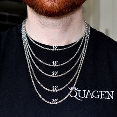 "Mens Silver Chain, The twisted rope chain. -------------------------------------- ♛ DETAILS & MATERIALS ♛ -------------------------------------- ◈ Chain Length: 18 Inches, 20 Inches, 22 Inches and 24 Inches. ◈ Chain Width: 3MM (also available in 4MM, 5MM & 6MM) ◈ Chain Style: Rope ◈ Chain Quality: 316L Stainless Steel ◈ Chain Clasp: Lobster.  ◈ Model is male, 5'10 & size small/medium. ◈ Guaranteed to never tarnish or fade. -------------------- ♛ WEIGHTS ♛ --------------------- 18\" - 8g 20\" - Gift Stainless Steel Wheat Chain Necklace, Layered Necklaces Silver Men, Stacked Necklaces Silver Chains Men, Stainless Steel Rope Chain Necklace For Gift, Stainless Steel Rope Chain Necklace, Silver Stainless Steel Curb Chain Necklace, Mens Silver Box Chain Necklace, Silver Rope Chain, Mens Silver Chain Necklace Jewelry1000.com