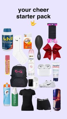 various items are arranged in the shape of a collage with text that reads, your cheer starter pack