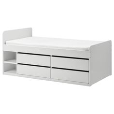 a white dresser with three drawers and two shelves