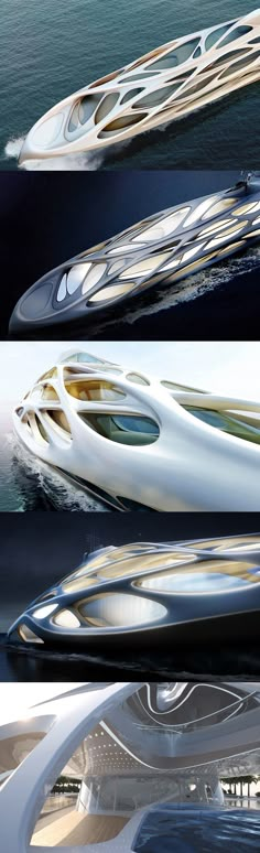 three different views of a boat in the water and on top of each other,