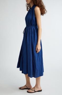 Serve up casual-chic vibes in this sleeveless midi dress framed by a racerback and cinched by a removable robe belt. Slips on over head Deep V-neck Sleeveless Side-seam pockets 100% cotton Dry clean Imported Casual Midi Length Belted Summer Dress, Sleeveless Belted Maxi Dress For Summer, Sleeveless Spring Belted Dress For Daywear, Belted Summer Midi Dress For Daywear, Summer Belted Midi Dress For Daywear, Summer Midi Length Belted Dress For Daywear, Chic Sleeveless Belted Dress For Daywear, Sleeveless Belted Maxi Dress For Daywear, Casual Sleeveless Belted Spring Dress