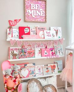 valentine's day bookshelf with hearts and bunnies