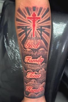 a person with a tattoo on their arm that says, trust in god love and protect our family