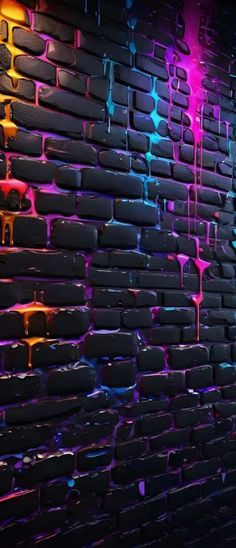 a brick wall with neon lights on it