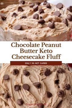 chocolate peanut butter keto cheesecake fluff on a white plate with text overlay