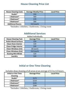 two pricing sheets for the house cleaning service