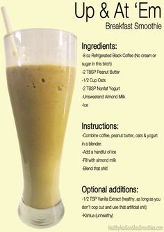 a poster with instructions on how to drink up and at'em breakfast smoothie