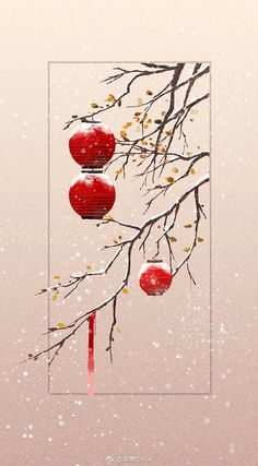 two red lanterns hanging from a tree with snow on the ground and branches in front of them