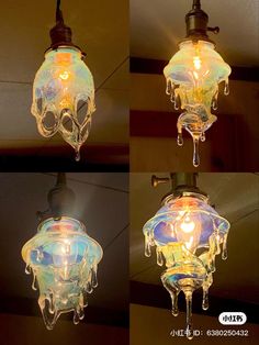 three different images of an old fashioned light fixture with icicles hanging from the ceiling