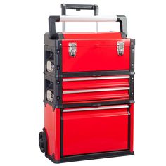 a red toolbox with three drawers on wheels