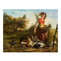 A wonderful nostalgic scene that depicts a young girl in the countryside on a farm surrounded by chickens that have gathered at her feet hungrily pecking at the grains she scatters for them. In the distance a few birds are making their way towards her, but the girl's attention is totally riveted by the pigeon standing on her shoulder. It is a complex and truly magnetic picture with a rich rendering of the figures using soft shadows and a very strong light to introduce a certain frantic energy am Printable Bathroom Wall Art, Bathroom Room Decor, Feeding Chickens, Country Cottagecore, Bathroom Wall Art Printables, Pig Wall Art, Vintage Laundry Room, Laundry Room Art, Wall Art Farmhouse