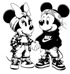 two cartoon mickey and minnie mouses shaking hands with each other in black and white