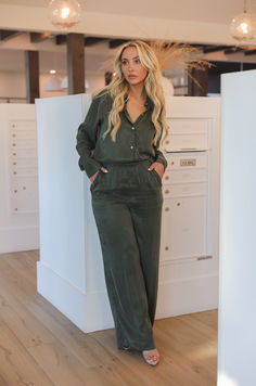 green long sleeve button down and wide leg pants set Green Wide Leg Jumpsuits For Work, Fall Wide Leg Pant Set, Chic Green Wide Leg Pants For Loungewear, Casual Green Long Sleeve Pantsuit, Green Wide Leg Sets For Workwear, Green Wide Leg Workwear Sets, Green Wide Leg Matching Set, Casual Matching Set With Wide-leg Pants, Casual Fall Sets With Wide-leg Pants