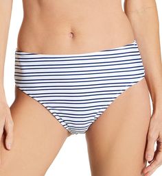 You'll feel like going for a swim whenever you slip into this nautical-inspired striped high rise brief. Made of nylon with Lycra Xtra Life elastane for long wear. Encased elastic waistband rests at the high waist. Smooth microfiber knit has a horizontal striped pattern. High rise styling. Seamless back. Moderate, "cheeky" rear coverage. Inner side has fabric/care info tag. Fully lined, with additional lining at crotch. Lycra Xtra Life elastane keeps your swim bottom newer looking longer, and re Contrast Stripes Swimwear For Vacation, Striped Beachwear Bottoms For Poolside, Striped Bottoms For Pool And Beach Season, Striped High Waist Bottoms For Beach Season, High Waist Striped Bottoms For Beach Season, Striped High Waist Swimwear For Beach, Striped High-waist Swimwear For Beach, Striped Summer Swimming Bottoms, Casual Striped Pool Bottoms