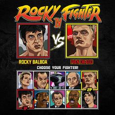 the poster for rocky fighter iv is shown in black and red, with different faces