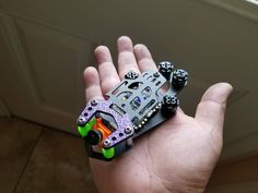 a hand holding a small toy car in it's right hand and wheels on the left