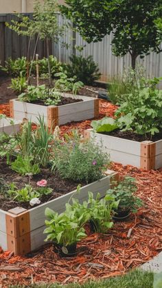 a garden filled with lots of different types of flowers and plants in wooden boxes on top of mulch