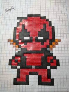 a drawing of an old school video game character in red, black and yellow colors