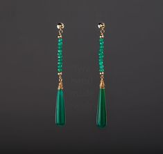 Two tier stone earring,long emerald bead string dangle earring,Nature green chalcedony earring,May birthday gift,anniversary gift,Valentine A pair of two tier natural stone beads / long rod 1. Stone : emerald and green chalcedony (natural gemstones) 2. Stone shape and size: top: a string of emerald bead about 3 mm wide and 37 mm in length, with gold ball stoppers bottom: long green chalcedony rod/club 34 x 7 mm with wire-wrapped cap 3. earring total length ~80 mm 5. wire and earring post: gold p Elegant Gemstone Beads Dangle Earrings, Elegant Gemstone Beads Earrings For Gift, Elegant Dangle Earrings With Gemstone Beads, Jade Earrings With Dangling Beads As A Gift, Elegant Jade Gemstone Beads Earrings, Elegant Jade Earrings With Gemstone Beads, Elegant Green Earrings With Natural Stones, Elegant Green Onyx Earrings For Gift, Elegant Green Onyx Drop Earrings