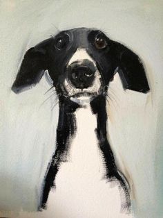 a painting of a black and white dog with his head tilted to the side, looking up