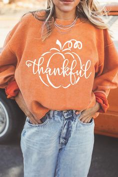 Olivia Mark - Blessed Orange Graphic Sweatshirt Thanksgiving Sweater, Pumpkin Graphic, Santa Sweater, Thanksgiving Sweatshirt, Blue Game, Santa Sweatshirt, Orange Pumpkin, Holiday Tops, Orange Sweaters