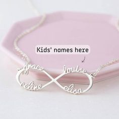 ♥ Infinity Necklace with Names ♥ A dainty infinity name necklace - perfect to wear everyday and makes a wonderful gift!• Material: Solid 925 Sterling Silver • Finishing: Silver - Yellow Gold - Rose Gold • Dimensions: approx. 1 1/2" x 3/8"• Character limits: max 4 names (8 characters/name)• Necklace length: You can choose up to 24 inches (includes pendant's length)H O W • T O • O R D E R1. Please select your preferred COLOR from the menu. 2. Please select your preferred chain length from the menu Christmas Name Necklace For Birthday Gift, Name Necklace For Wedding Christmas Gift, Silver Jewelry With Custom Text For Birthday Gift, Personalized Wedding Necklaces For Christmas, Nameplate Necklaces Suitable For Gifts, Personalized Name Necklace For Christmas Anniversary, Custom Text Sterling Silver Jewelry For Mother's Day, Customizable Name Necklace For Christmas Anniversary, Custom Name Jewelry For Christmas Wedding