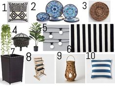 a collage of black and white items including chairs, plates, vases and plants