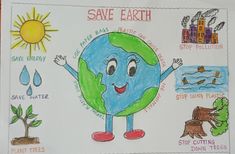 a drawing of the earth with words and pictures on it that say, save earth