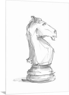 a black and white drawing of a chess piece on a white paper background with the image of a horse's head