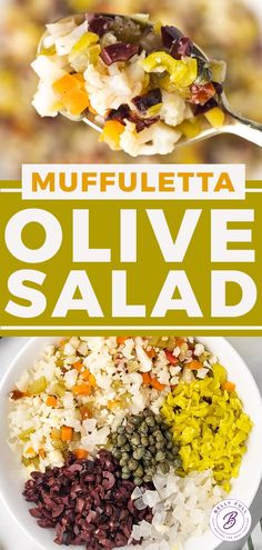 a plate with rice, beans and other food on it that says muffletta olive salad