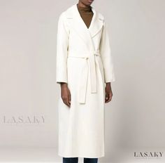 Lasaky - Simplistic Buttonless Belted Slim-Fit Casual Turn-down Collar Long White Coat Jacket Long White Coat, White Coat, Casual Design, Off White Color, Casual Coat, Olivia Mark, Types Of Collars, Types Of Sleeves, Coats Jackets