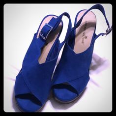 Montego Bay Club Royal Blue Wedge Shoes. Wooden Wedge Heels. Never Worn, But Slightly Damaged. Size 9. Blue Synthetic Wedge Sandals With Block Heel, Blue Wedge Heels With Removable Insole, Chic Blue Wedge Sandals With Block Heel, Blue Wedge Sandals For Summer Formal Events, Blue Wedge Sandals For Formal Summer Events, Blue Formal Wedge Sandals With Round Toe, Blue Round Toe Wedge Sandals For Formal Occasions, Blue Platform Wedge Heels, Blue Platform Heels With Wedge Heel