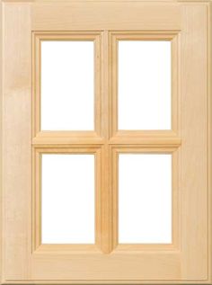 a wooden door with four panes on the front and side panels, all in light wood