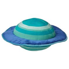 a blue and green hat with stripes on it