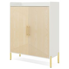 a white and wood cabinet with gold legs on an isolated background, showing the top part of the cabinet