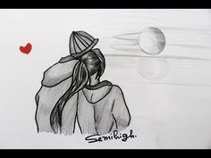 a drawing of a girl with long hair and a hat on her head looking at the sun