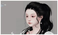 a digital painting of a girl with long black hair, wearing a white shirt and pearl earrings