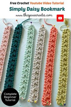 four crocheted bookmarks with the text, free crochet video pattern simply daisy