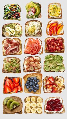 a bunch of different types of sandwiches with fruits and vegetables on them, all arranged in the shape of a grid