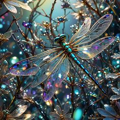 a dragonfly sitting on top of a plant covered in water droplets