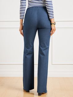 Chic, smooth and flattering. Our NEW Portland Trouser with a subtle flare leg. Just-right stretch fabric looks and feels amazing all day. Also available in plus sizes. Features Trouser Hits At Waist Full Length Side zip closure Imported Fit: Misses: 31 1/2"; Petite: 29" Material: 58% Cotton, 40% Viscose, 2% Spandex Care: Machine Wash Cold, Gentle Cycle, Only Non-Chlorine Bleach When Needed; Tumble Dry Low, Warm Iron With Steam If Needed, Or Dry Clean | Talbots Portland Trouser - Faux Denim Modern Classic, Side Zip, Stretch Fabric, Steam, Full Length, Dry Clean, Trousers, Plus Size