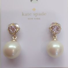 1/2" Creamy Pearl Suspended By 5-Faceted Rhinestone Ball. "Lady Marmalade". Studs. Gold Findings. 1" Drop. Retail - $58. Nwt