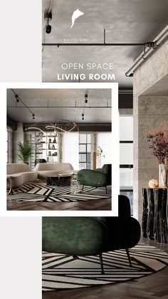 an open space living room with black and white rugs on the floor, green couches